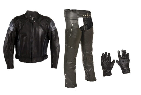 Trio vêtements de moto cuir de première qualité (Blouson + Chaps + Gants)