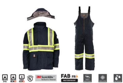 Trio de vêtements de travail d’hiver – Parka, Salopette et Capuchon résistants à l’arc électrique et haute visibilité