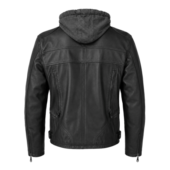 Manteau de moto en cuir noir à capuchon amovible pour homme