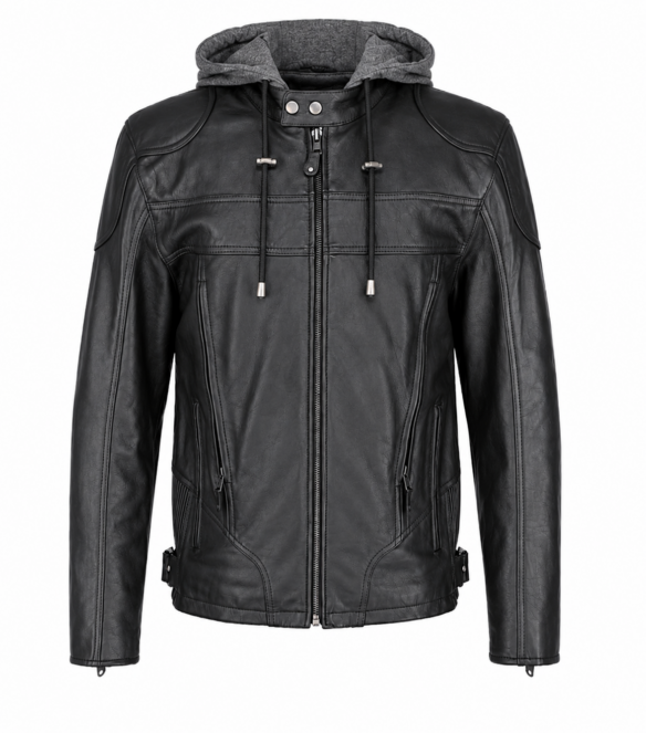 Manteau de moto en cuir noir à capuchon amovible pour homme
